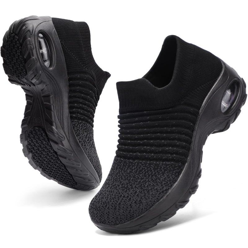 HKR Women Walking Shoes Slip On Fashion Sneakers Non Slip with Arch Support for Work Black Mix US Size 9 - Image 1